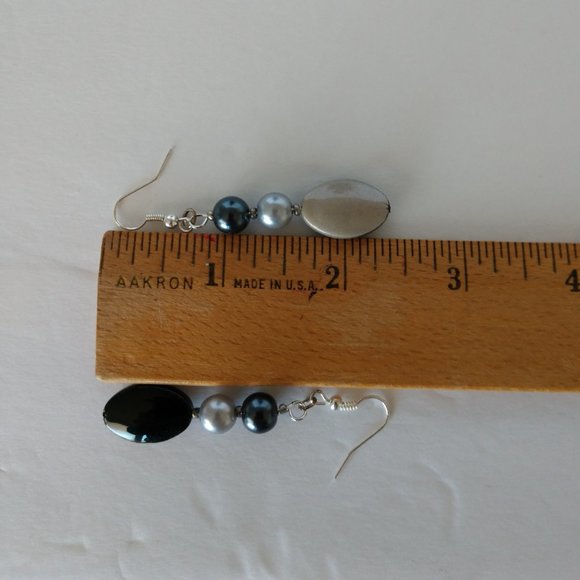 Handmade Black Beige Oblong Earrings with Grey Faux Pearls & Silver Tone Hooks - Picture 12 of 16